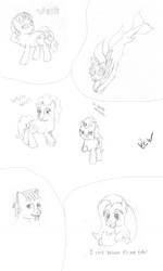 Size: 768x1280 | Tagged: safe, artist:quint-t-w, fluttershy, pinkie pie, oc, oc:papercut, earth pony, original species, pegasus, pony, sabertooth pony, seapony (g4), unicorn, g4, bedroom eyes, breaking the fourth wall, dialogue, dive mask, fangs, food, hooves behind head, looking at you, meat, old art, pencil drawing, pointing at you, ponies eating meat, sharp teeth, simple background, sketch, sketch dump, snorkel, swimming, teeth, traditional art, underhoof, white background