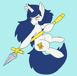 Size: 2048x2024 | Tagged: safe, artist:omegapony16, oc, oc only, pony, unicorn, female, frown, high res, horn, mare, simple background, solo, spear, unicorn oc, weapon