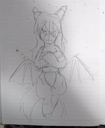 Size: 1686x2048 | Tagged: safe, artist:omegapony16, oc, oc only, oc:oriponi, bat pony, pony, bat pony oc, crossed arms, lineart, lined paper, loincloth, male, solo, spread wings, stallion, traditional art, unamused, unshorn fetlocks, wings