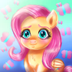 Size: 1024x1024 | Tagged: safe, artist:loveless-nights, fluttershy, butterfly, pegasus, pony, g4, blushing, bust, cute, female, folded wings, looking at you, mare, shyabetes, smiling, solo, wings