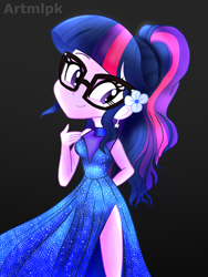 Size: 1800x2400 | Tagged: safe, artist:artmlpk, sci-twi, twilight sparkle, equestria girls, g4, alternate hairstyle, black background, blue dress, breasts, clothes, cute, dress, ear piercing, earring, fashion, female, flower, flower in hair, glasses, jewelry, legs, looking over shoulder, outfit, party dress, piercing, ponytail, side slit, simple background, smiling, solo, sparkles, thighs, twiabetes