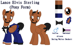 Size: 1024x662 | Tagged: safe, artist:clawort-animations, artist:katnekobase, alicorn, pony, alicornified, base used, beard, bowtie, clothes, demisexual, demisexual pride flag, facial hair, lance sterling, male, ponified, pride, pride flag, race swap, reference sheet, simple background, spies in disguise, stallion, suit, transparent background