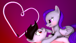 Size: 3768x2124 | Tagged: safe, artist:awgear, oc, oc:blackjack, oc:morning glory (project horizons), pegasus, pony, unicorn, fallout equestria, fallout equestria: project horizons, 3d, fanfic art, female, gloryjack, heart, hearts and hooves day, high res, hug, lesbian, source filmmaker
