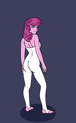 Size: 675x1086 | Tagged: safe, artist:linedraweer, cheerilee, equestria girls, g4, ass, barefoot, blue background, breasts, butt, commission, feet, female, flowerbutt, looking at you, simple background, solo, unitard