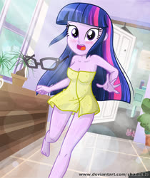 Size: 784x933 | Tagged: safe, artist:charliexe, sci-twi, twilight sparkle, spider, equestria girls, g4, alternate hairstyle, bare shoulders, barefoot, bathroom, blushing, breasts, feet, female, glasses, glasses off, legs, looking at you, naked towel, open mouth, scared, solo, towel