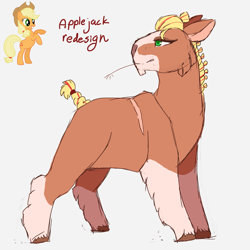 Size: 2449x2449 | Tagged: safe, artist:esprit-arait, applejack, earth pony, pony, applejack (g5 concept leak), clothes, coat, draft horse, female, g5 concept leak style, g5 concept leaks, hooves, mare, rearing, redesign, short hair, short mane, short tail, simple background, solo, straw in mouth
