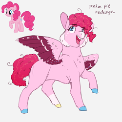 Size: 2449x2449 | Tagged: safe, artist:esprit-arait, pinkie pie, earth pony, pegasus, pony, g4, colored hooves, female, g5 concept leak style, g5 concept leaks, happy, high res, hooves, mare, pegasus pinkie pie, pinkie pie (g5 concept leak), race swap, raised hoof, redesign, simple background, smiling, solo, spread wings, wings