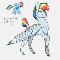 Size: 2449x2449 | Tagged: safe, artist:esprit-arait, rainbow dash, pegasus, pony, g4, cool, female, folded wings, g5 concept leak style, g5 concept leaks, high res, hooves, mare, mohawk, rainbow dash (g5 concept leak), raised hoof, redesign, simple background, smiling, smirk, solo, wings