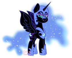 Size: 1224x1000 | Tagged: safe, artist:cottonsweets, nightmare moon, alicorn, pony, g4, adorabolical, chibi, cute, evil smile, fanart, female, grin, looking at you, moonabetes, png, simple background, smiling, smiling at you, solo, transparent background
