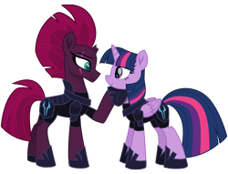 Size: 12560x9574 | Tagged: safe, artist:ejlightning007arts, tempest shadow, twilight sparkle, alicorn, pony, unicorn, g4, my little pony: the movie, absurd resolution, armor, broken horn, evil, eye scar, fallen hero, female, fixed image, hoof on chin, hoof shoes, horn, lesbian, mare, raised hoof, scar, ship:tempestlight, shipping, simple background, storm army, transparent background, twilight sparkle (alicorn), updated, vector