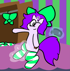Size: 1233x1248 | Tagged: safe, artist:bigsneks, oc, oc only, oc:mable syrup, pony, unicorn, bed, blind, bow, clothes, socks, solo, striped socks, wardrobe