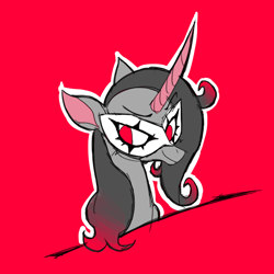 Size: 4000x4000 | Tagged: safe, artist:doodlegamertj, oleander (tfh), classical unicorn, pony, unicorn, them's fightin' herds, community related, crossover, female, horn, joker (persona), masquerade mask, persona, persona 5, red background, ren amamiya, simple background, solo, unshorn fetlocks