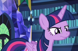 Size: 1244x819 | Tagged: safe, screencap, twilight sparkle, alicorn, pony, a flurry of emotions, g4, cropped, female, grin, library, smiling, smug, smuglight sparkle, solo, twilight sparkle (alicorn), twilight's castle, twilight's castle library