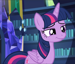 Size: 1111x941 | Tagged: safe, screencap, twilight sparkle, alicorn, pony, a flurry of emotions, g4, cropped, female, grin, library, lidded eyes, smiling, solo, twilight sparkle (alicorn), twilight's castle, twilight's castle library