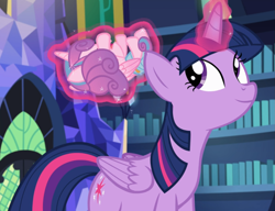 Size: 1217x937 | Tagged: safe, screencap, princess flurry heart, twilight sparkle, alicorn, pony, a flurry of emotions, g4, cropped, female, glowing horn, horn, levitation, library, magic, smiling, telekinesis, twilight sparkle (alicorn), twilight's castle, twilight's castle library