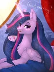 Size: 1536x2048 | Tagged: safe, artist:siripim111, twilight sparkle, alicorn, pony, g4, the last problem, bed, bedroom eyes, chest fluff, crepuscular rays, cup, cute, ear fluff, female, glowing horn, good morning, horn, leg fluff, looking at you, mare, morning ponies, older, older twilight, older twilight sparkle (alicorn), on bed, open mouth, princess twilight 2.0, prone, solo, teacup, twiabetes, twilight sparkle (alicorn)