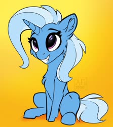 Size: 3118x3500 | Tagged: safe, artist:airfly-pony, trixie, pony, unicorn, g4, cheek fluff, chest fluff, chibi, cute, diatrixes, ear fluff, female, grin, high res, mare, simple background, sitting, smiling, solo, yellow background
