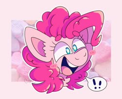 Size: 1024x832 | Tagged: safe, artist:forestpvppy, pinkie pie, earth pony, pony, g4, abstract background, beanbrows, blushing, bust, cute, diapinkes, ear fluff, exclamation point, eyebrows, female, happy, head only, mare, neck fluff, open mouth, pictogram, portrait, redraw, smiling, solo, speech bubble