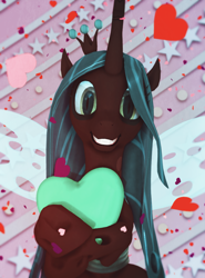 Size: 800x1080 | Tagged: safe, artist:feuerrader-nmm, queen chrysalis, changeling, changeling queen, g4, 3d, abstract background, crown, cute, cutealis, female, heart, heart pillow, hug, jewelry, looking at you, pillow, pillow hug, regalia, smiling, solo
