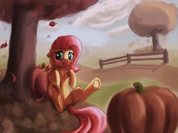 Size: 1024x768 | Tagged: safe, artist:shaliwolf, fluttershy, pony, g4, autumn, blushing, chest fluff, cute, female, floppy ears, leaf, leaves, leg fluff, mare, open mouth, outdoors, pumpkin, shyabetes, sitting, solo, tree, under the tree, underhoof