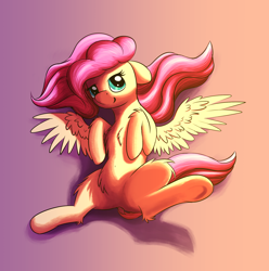 Size: 1320x1329 | Tagged: safe, alternate version, artist:shaliwolf, fluttershy, pegasus, pony, g4, belly fluff, chest fluff, cute, featureless crotch, female, floppy ears, gradient background, hooves to the chest, leg fluff, looking at you, mare, on back, shyabetes, smiling, solo, spread wings, wings