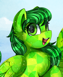 Size: 1446x1764 | Tagged: safe, artist:pridark, oc, oc only, oc:emerald radiance, crystal pegasus, crystal pony, pegasus, pony, bust, chest fluff, commission, digital art, female, mare, open mouth, portrait, smiling, solo