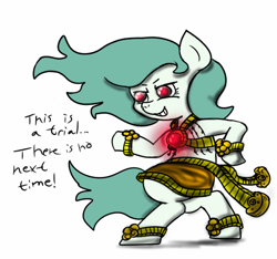 Size: 640x600 | Tagged: safe, artist:ficficponyfic, color edit, derpibooru exclusive, edit, editor:minus, oc, oc only, oc:emerald jewel, demon, earth pony, pony, amulet, anklet, bracelet, clothes, colored, colt, foal, gem, jewelry, jojo pose, male, possessed, red eyes, simple background, skirt, standing, text, wavy mane, white background