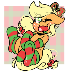 Size: 2903x3107 | Tagged: safe, artist:befishproductions, applejack, earth pony, pony, g4, apple in mouth, bow, clothes, cute, female, hair bow, heart eyes, high res, jackabetes, one eye closed, socks, solo, striped socks, thigh highs, wingding eyes, wink