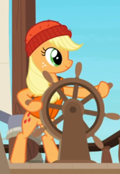 Size: 392x565 | Tagged: safe, screencap, applejack, earth pony, pony, g4, ppov, animation error, beanie, bipedal, cropped, female, freckles, hat, lifejacket, mare, no tail, smiling, solo, steering, steering wheel