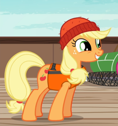 Size: 642x686 | Tagged: safe, screencap, applejack, earth pony, pony, g4, ppov, beanie, cropped, cute, female, freckles, hat, jackabetes, lifejacket, mare, smiling, solo