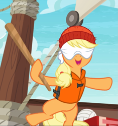 Size: 749x797 | Tagged: safe, screencap, applejack, earth pony, pony, g4, ppov, beanie, bipedal, blindfold, cropped, female, hat, lifejacket, mare, open mouth, smiling, solo, stick