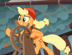 Size: 1231x940 | Tagged: safe, screencap, applejack, earth pony, pony, g4, ppov, beanie, bipedal, cropped, female, freckles, hat, holding, lifejacket, mare, solo, steering, steering wheel, windswept mane, windswept tail