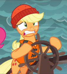 Size: 854x939 | Tagged: safe, screencap, applejack, earth pony, pony, g4, ppov, beanie, bipedal, cropped, female, hat, holding, lifejacket, mare, nervous, solo, steering, steering wheel