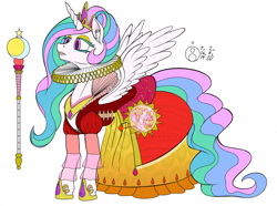 Size: 2000x1491 | Tagged: safe, artist:sepiakeys, princess celestia, alicorn, pony, g4, clothes, colored, dress, elizabethan, eyeshadow, female, hoof shoes, jewelry, makeup, mare, puffy sleeves, regalia, ruff (clothing), scepter, simple background, solo, white background