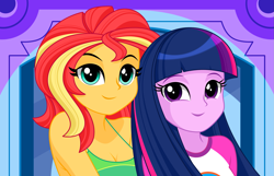 Size: 2159x1394 | Tagged: safe, artist:rosemile mulberry, sunset shimmer, twilight sparkle, equestria girls, g4, breasts, camp everfree outfits, cleavage, duo, duo female, female, lesbian, ship:sunsetsparkle, shipping