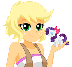 Size: 1129x1058 | Tagged: dead source, safe, artist:rosemile mulberry, applejack, rarity, human, pony, unicorn, equestria girls, g4, alternate hairstyle, apple bloom's bow, bow, clothes, clothes swap, cute, eyes closed, female, freckles, hair bow, holding a pony, implied vignette valencia, in goliath's palm, lesbian, micro, raribetes, ribbon, ship:rarijack, shipping, simple background, sleeveless, smiling, tiny, tiny ponies, white background
