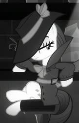 Size: 612x944 | Tagged: safe, screencap, rarity, pony, unicorn, g4, season 9, sparkle's seven, 40s, clothes, coat, costume, cropped, crossed legs, detective, detective rarity, fedora, hat, hat over eyes, leaning, lidded eyes, monochrome, noir