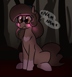 Size: 649x694 | Tagged: safe, artist:whatsapokemon, oc, oc only, oc:wishful thought, earth pony, pony, coat markings, eating, female, forest, glasses, glowing, grazing, herbivore, horses doing horse things, mare, munching, plant, sitting, socks (coat markings), solo