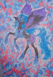 Size: 1442x2096 | Tagged: safe, artist:keshakadens, nightmare moon, alicorn, pony, g4, abstract background, armor, bipedal, female, mare, moon, raised hoof, traditional art