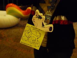 Size: 3648x2736 | Tagged: safe, artist:lonewolf3878, shining armor, smolder, dragon, pony, unicorn, g4, harmonycon 2020, high res, hooves in air, irl, photo, post it notes, post-it note pony, pun, sticker