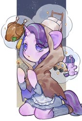 Size: 692x1024 | Tagged: safe, artist:puzi, starlight glimmer, twilight sparkle, bird, pony, turkey, unicorn, semi-anthro, g4, arm hooves, bed, clothes, corn, cosplay, costume, crossover, dress, female, food, hood, matchstick, plushie, solo, the little match girl