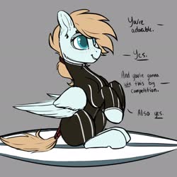 Size: 2048x2048 | Tagged: safe, artist:cold blight, oc, oc only, oc:cold blight, pegasus, pony, cute, dialogue, female, freckles, gray background, high res, mare, simple background, sitting, surfboard, tail wrap, text, wetsuit