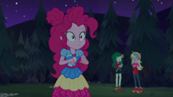 Size: 1920x1080 | Tagged: safe, screencap, derpy hooves, pinkie pie, wallflower blush, equestria girls, equestria girls series, g4, sunset's backstage pass!, spoiler:eqg series (season 2), female, music festival outfit, night, outdoors