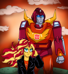 Size: 2751x3000 | Tagged: safe, artist:edcom02, sunset shimmer, equestria girls, g4, autobot, clothes, crossover, high res, hot rod, jacket, transformers, windswept hair