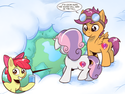 Size: 1552x1160 | Tagged: safe, artist:saturdaymorningproj, apple bloom, scootaloo, sweetie belle, earth pony, pegasus, pony, unicorn, g4, cloud, cutie mark crusaders, dialogue, digital art, female, filly, goggles, smiling, speech bubble, this will end in tears and/or death, this will end in tears and/or death and/or covered in tree sap