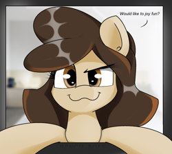 Size: 1712x1536 | Tagged: safe, artist:pencil bolt, oc, oc only, oc:louvely, earth pony, pony, bed, breaking the fourth wall, female, imminent sex, looking at you, solo