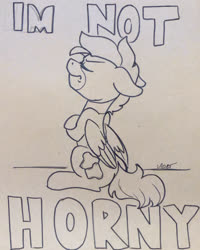 Size: 2396x3000 | Tagged: safe, artist:cadetredshirt, oc, oc:duk, bird, duck, duck pony, hybrid, pegasus, pony, black and white, blatant lies, crossed hooves, denial, grayscale, high res, horny, monochrome, not horny, pony hybrid, scan, traditional art