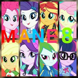 Size: 720x720 | Tagged: safe, applejack, fluttershy, pinkie pie, rainbow dash, rarity, sci-twi, starlight glimmer, sunset shimmer, twilight sparkle, equestria girls, g4, my little pony equestria girls: better together, geode of empathy, geode of fauna, geode of shielding, geode of sugar bombs, geode of super speed, geode of super strength, geode of telekinesis, humane five, humane six, looking at you, magical geodes, photo, smiling, smiling at you