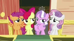 Size: 1280x720 | Tagged: safe, screencap, apple bloom, diamond tiara, scootaloo, sweetie belle, earth pony, pegasus, pony, unicorn, crusaders of the lost mark, g4, clubhouse, crusaders clubhouse, cutie mark crusaders, nervous