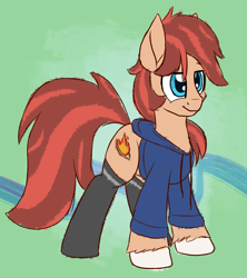 Size: 1200x1350 | Tagged: safe, artist:litrojia, oc, oc only, oc:cottonwood kindle, earth pony, pony, abstract background, big tail, clothes, hoodie, male, sketchy, smiling, socks, solo, stallion, tail, unshorn fetlocks
